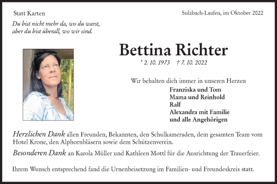 Traueranzeige von Bettina Richter von Rundschau Gaildorf