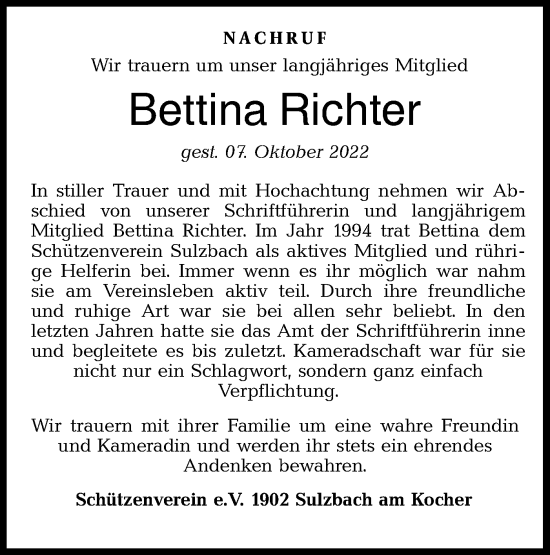 Traueranzeige von Bettina Richter von Rundschau Gaildorf