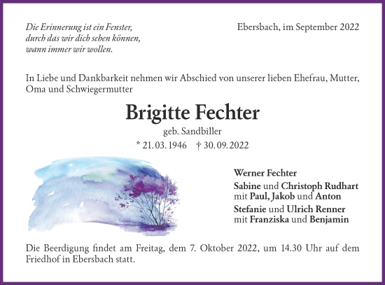 Traueranzeige von Brigitte Fechter von NWZ Neue Württembergische Zeitung