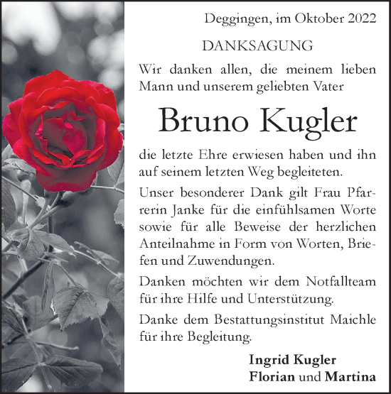 Traueranzeige von Bruno Kugler von Geislinger Zeitung