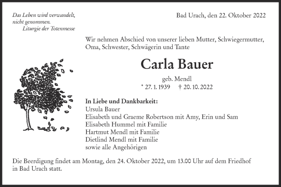 Traueranzeige von Carla Bauer von Metzinger-Uracher Volksblatt