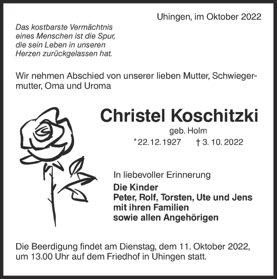 Traueranzeige von Christel Koschitzki von NWZ Neue Württembergische Zeitung