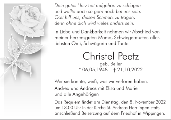 Traueranzeige von Christel Peetz von SÜDWEST PRESSE Ausgabe Ulm/Neu-Ulm