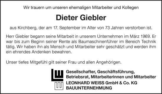 Traueranzeige von Dieter Giebler von Hohenloher Tagblatt