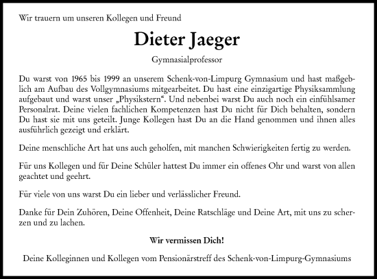 Traueranzeige von Dieter Jaeger von Rundschau Gaildorf