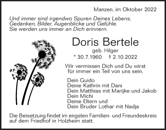 Traueranzeige von Doris Bertele von NWZ Neue Württembergische Zeitung