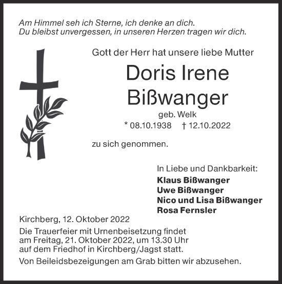 Traueranzeige von Doris Bißwanger von Hohenloher Tagblatt