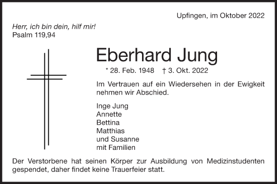 Traueranzeige von Eberhard Jung von Alb-Bote/Metzinger-Uracher Volksblatt