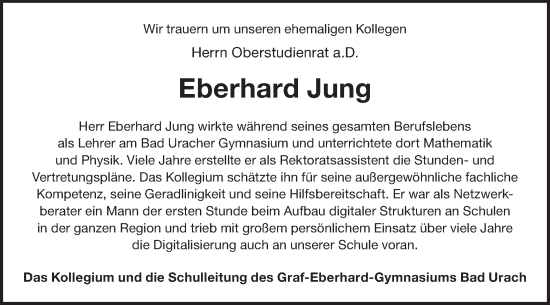 Traueranzeige von Eberhard Jung von Metzinger-Uracher Volksblatt