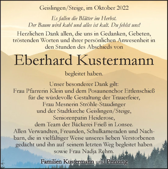 Traueranzeige von Eberhard Kustermann von Geislinger Zeitung