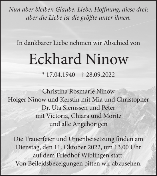 Traueranzeige von Eckhard Ninow von SÜDWEST PRESSE Ausgabe Ulm/Neu-Ulm