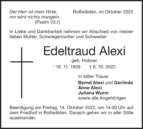 Traueranzeige von Edeltraud Alexi von NWZ Neue Württembergische Zeitung