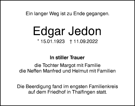 Traueranzeige von Edgar Jedon von SÜDWEST PRESSE Ausgabe Ulm/Neu-Ulm