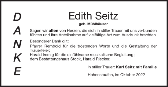 Traueranzeige von Edith Seitz von NWZ Neue Württembergische Zeitung