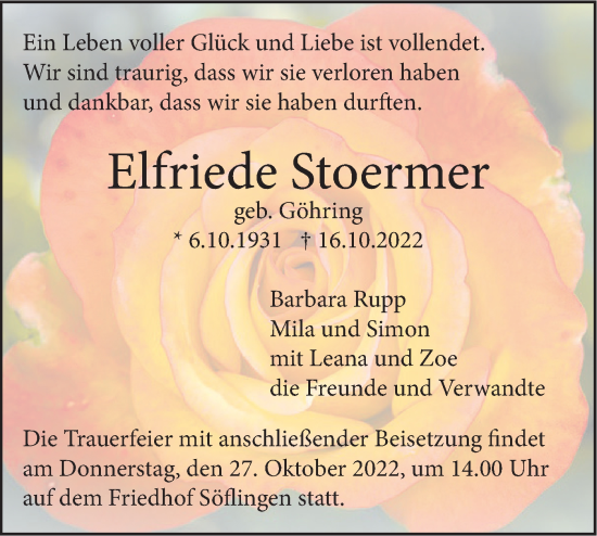 Traueranzeige von Elfriede Stoermer von SÜDWEST PRESSE Ausgabe Ulm/Neu-Ulm