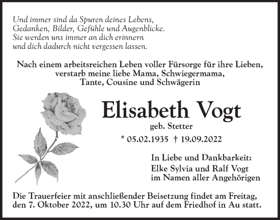 Traueranzeige von Elisabeth Vogt von SÜDWEST PRESSE Ausgabe Ulm/Neu-Ulm