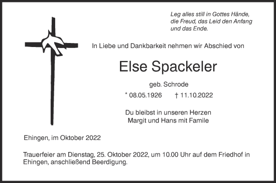 Traueranzeige von Else Spackeler von Ehinger Tagblatt