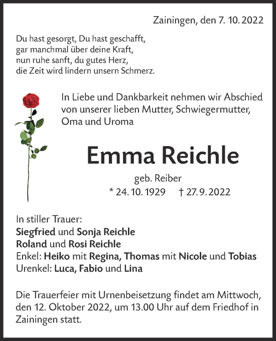 Traueranzeige von Emma Reichle von Alb-Bote/Metzinger-Uracher Volksblatt