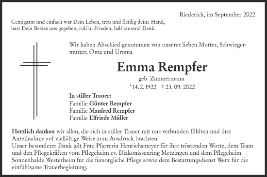 Traueranzeige von Emma Rempfer von Metzinger-Uracher Volksblatt