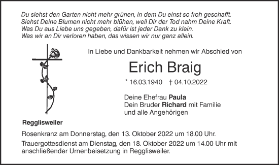 Traueranzeige von Erich Braig von SÜDWEST PRESSE Ausgabe Ulm/Neu-Ulm