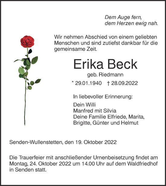 Traueranzeige von Erika Beck von SÜDWEST PRESSE Ausgabe Ulm/Neu-Ulm