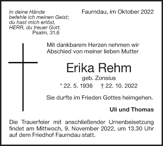 Traueranzeige von Erika Rehm von NWZ Neue Württembergische Zeitung