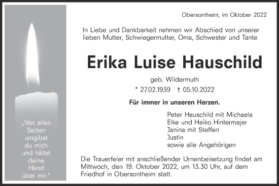 Traueranzeige von Erika Luise Hauschild von Haller Tagblatt