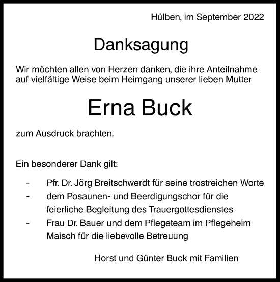 Traueranzeige von Erna Buck von Metzinger-Uracher Volksblatt