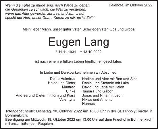 Traueranzeige von Eugen Lang von Geislinger Zeitung