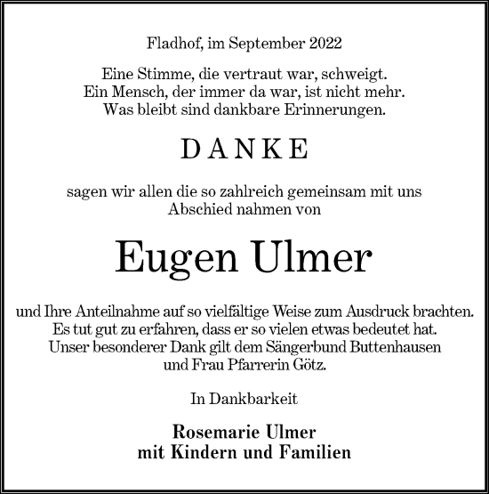 Traueranzeige von Eugen Ulmer von Alb-Bote/Metzinger-Uracher Volksblatt