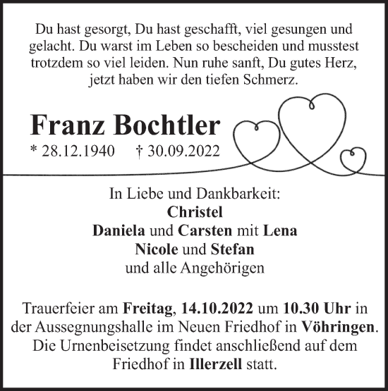 Traueranzeige von Franz Bochtler von SÜDWEST PRESSE Ausgabe Ulm/Neu-Ulm