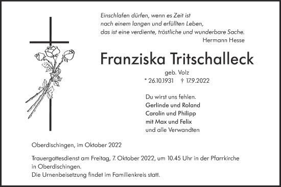 Traueranzeige von Franziska Tritschalleck von Ehinger Tagblatt