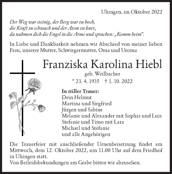 Traueranzeige von Franziska Karolina Hieb von NWZ Neue Württembergische Zeitung