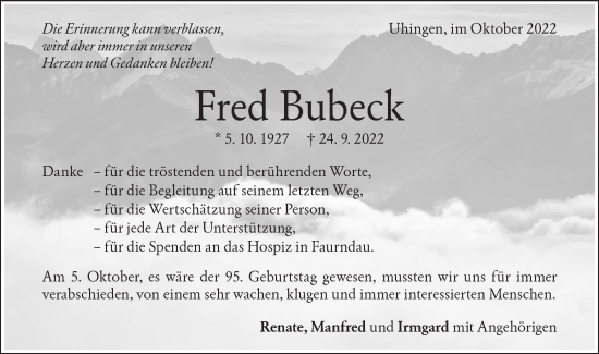 Traueranzeige von Fred Bubeck von NWZ Neue Württembergische Zeitung