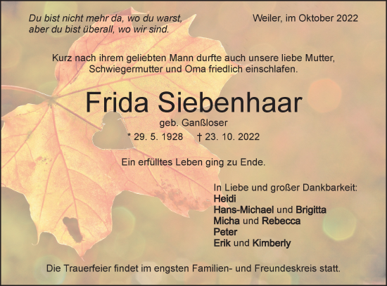 Traueranzeige von Frida Siebenhaar von Geislinger Zeitung