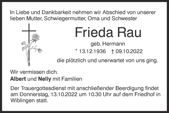 Traueranzeige von Frieda Rau von SÜDWEST PRESSE Ausgabe Ulm/Neu-Ulm