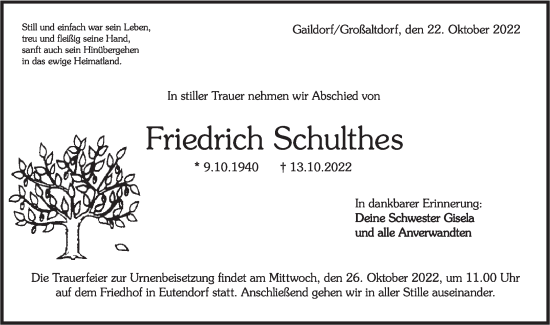 Traueranzeige von Friedrich Schulthes von Rundschau Gaildorf