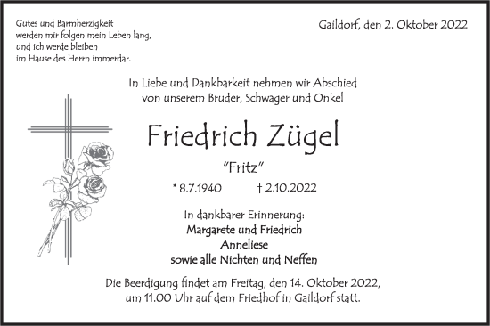 Traueranzeige von Friedrich Zügel von Rundschau Gaildorf