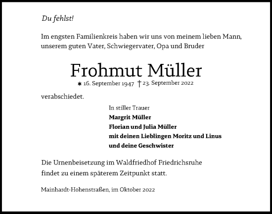 Traueranzeige von Frohmut Müller von Haller Tagblatt