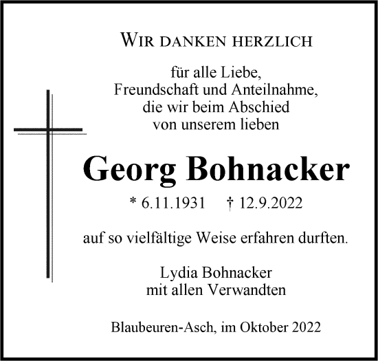 Traueranzeige von Georg Bohnacker von SÜDWEST PRESSE Ausgabe Ulm/Neu-Ulm