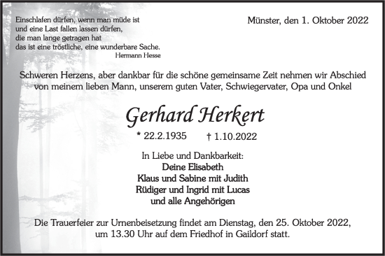 Traueranzeige von Gerhard Herkert von Rundschau Gaildorf