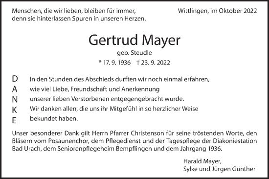 Traueranzeige von Gertrud Mayer von Metzinger-Uracher Volksblatt