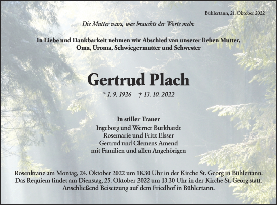 Traueranzeige von Gertrud Plach von Haller Tagblatt