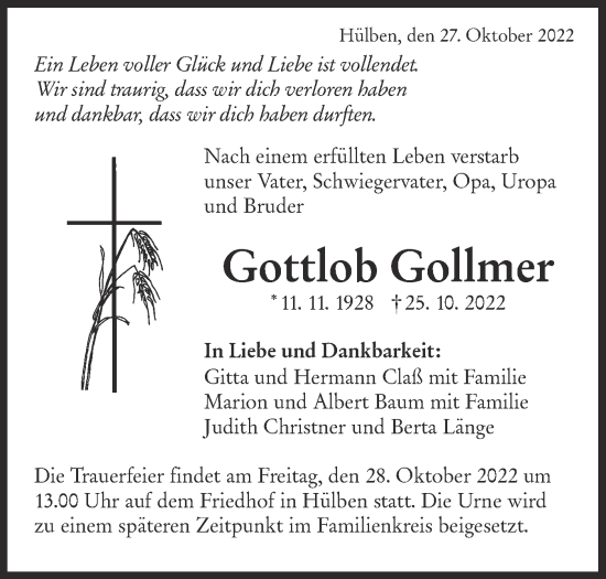 Traueranzeige von Gottlob Gollmer von Alb-Bote/Metzinger-Uracher Volksblatt