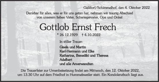 Traueranzeige von Gottlob Ernst Frech von Hohenloher Tagblatt