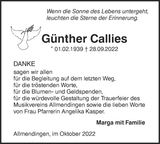 Traueranzeige von Günther Callies von Ehinger Tagblatt