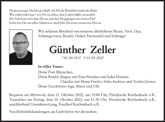 Traueranzeige von Günther Zeller von NWZ Neue Württembergische Zeitung