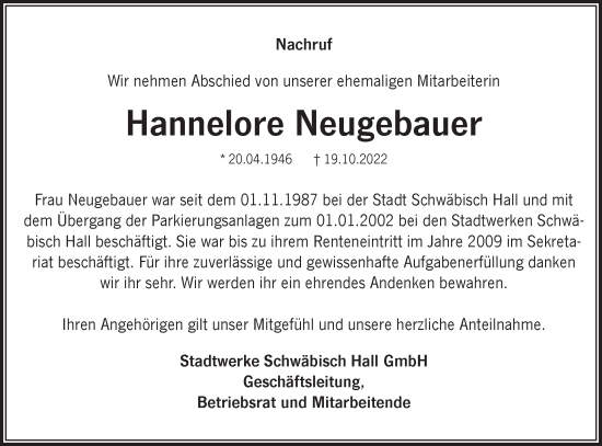 Traueranzeige von Hannelore Neugebauer von Haller Tagblatt