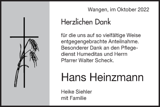 Traueranzeige von Hans Heinzmann von NWZ Neue Württembergische Zeitung