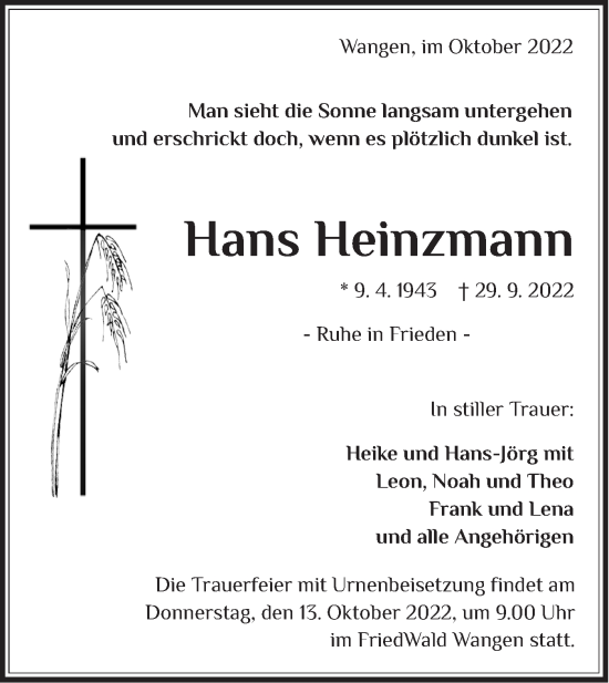 Traueranzeige von Hans Heinzmann von NWZ Neue Württembergische Zeitung